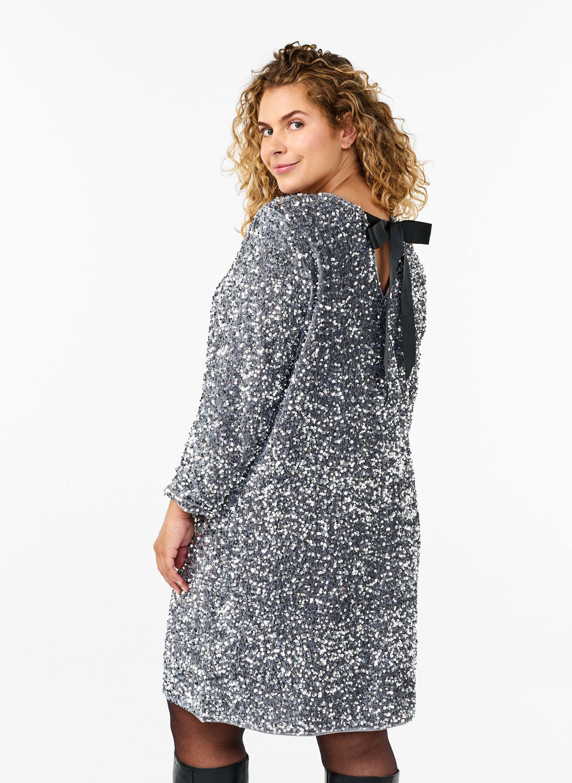 Zizzi Pailettenkleid mit Schleifendetail, Silver, Model image number 1