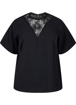 Kurzärmelige Bluse mit Spitze , Black, Packshot image number 0