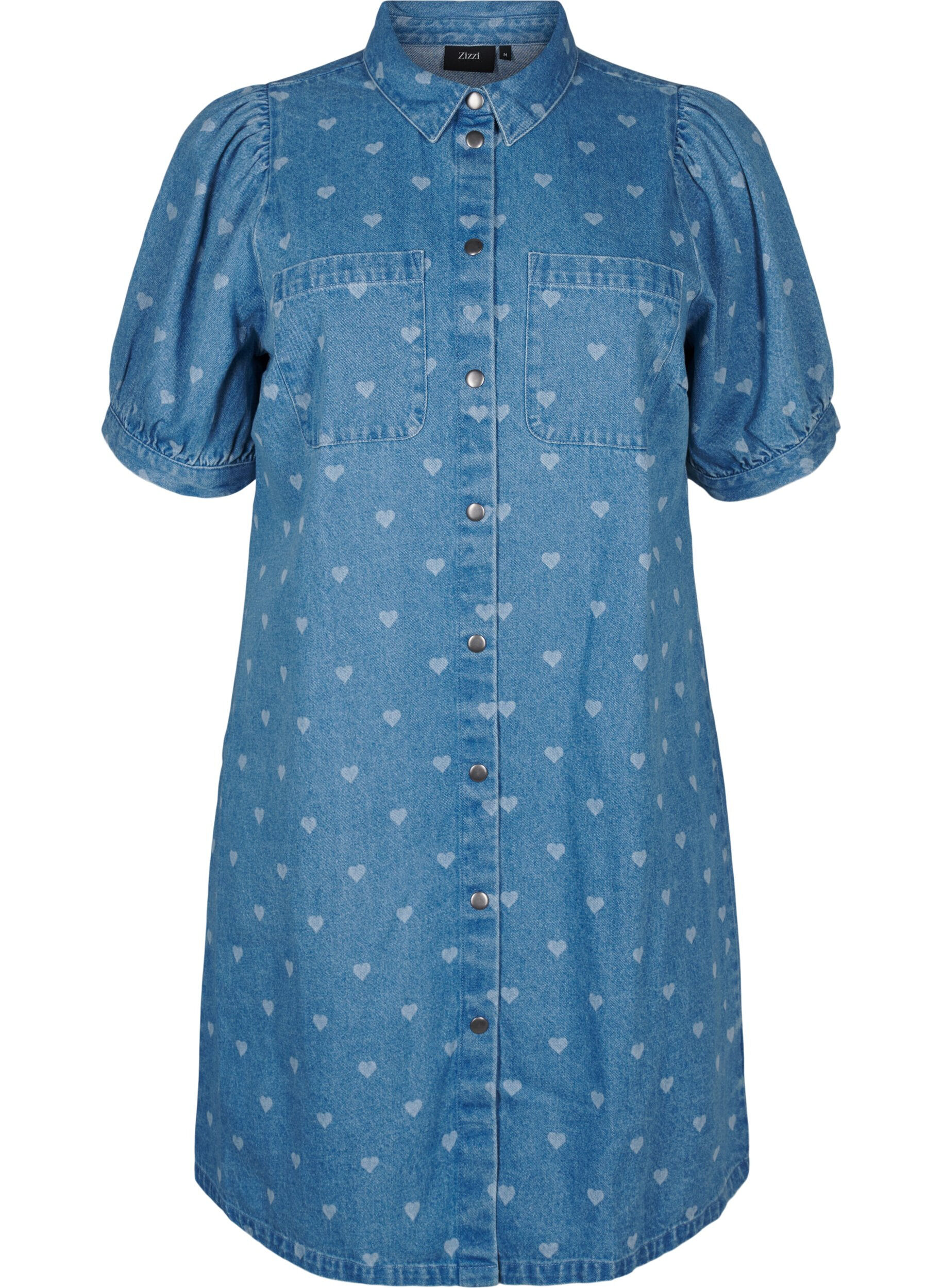 Zizzi Kurz&auml;rmliges Denim-Kleid mit Herz-Print, L. Blue D. w. Heart, Packshot image number 0