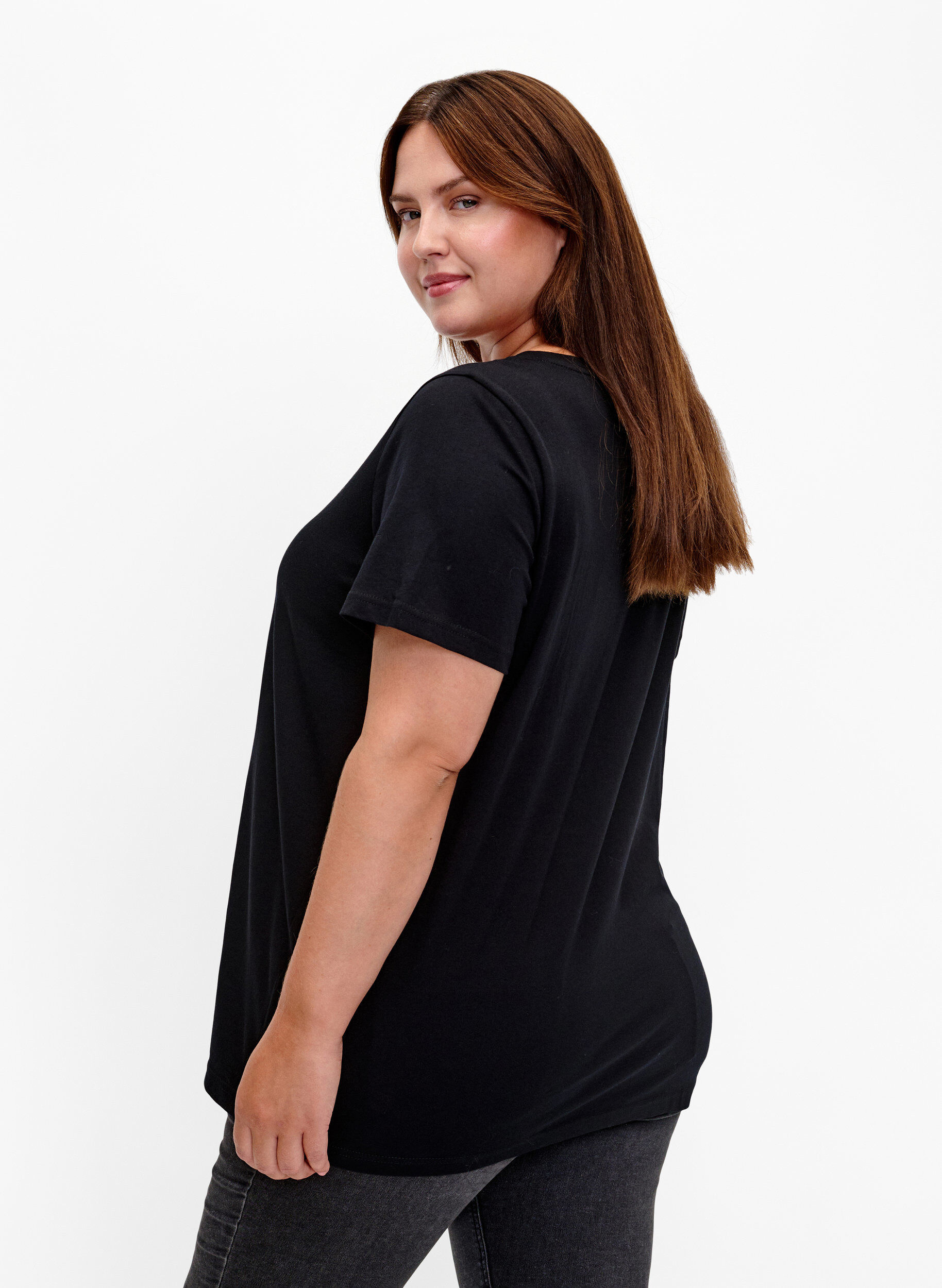 Zizzi Baumwoll-T-Shirt mit Pailletten, Black W. Face, Model image number 1