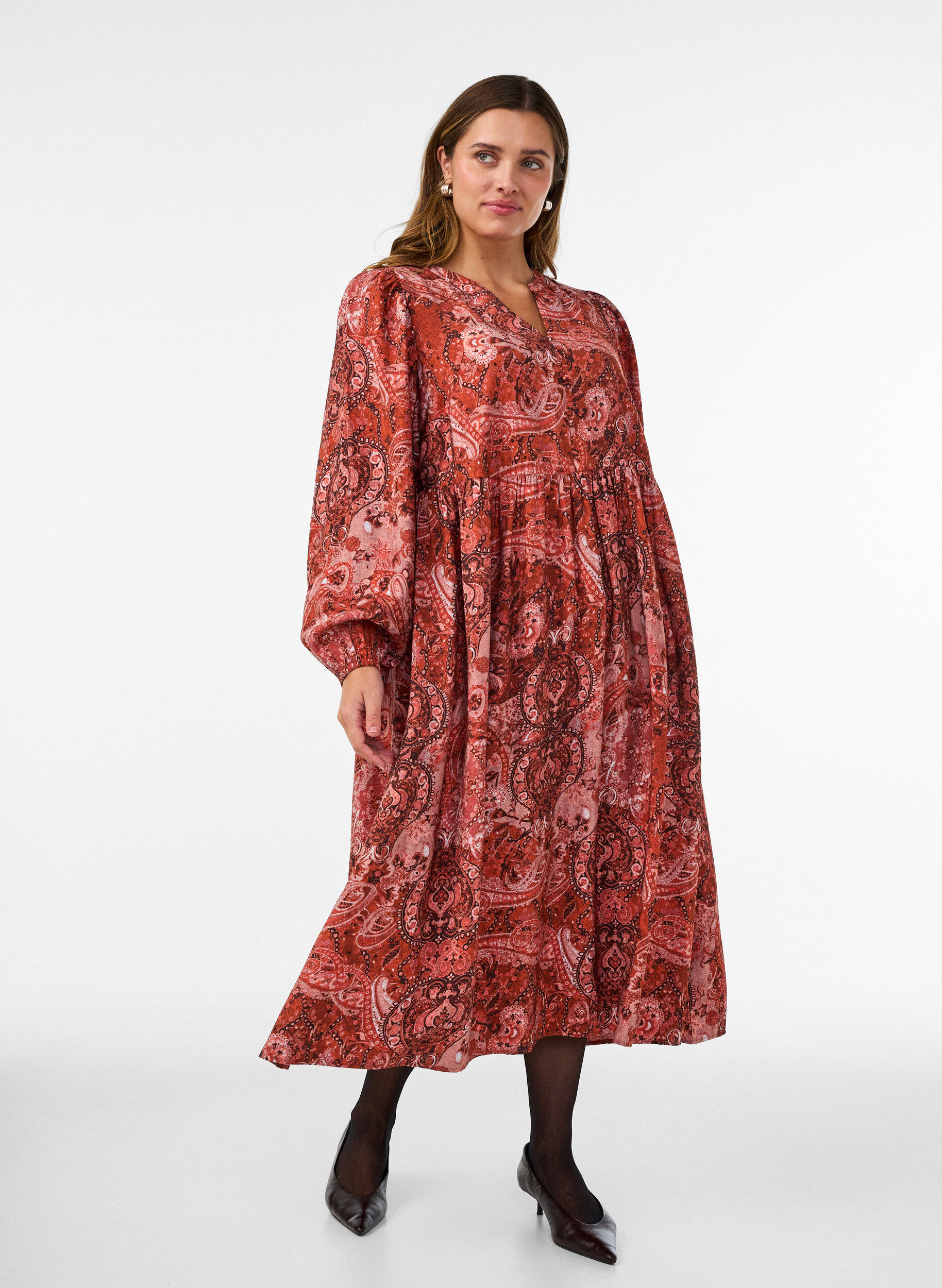 ZizziMidi-Kleid aus Viskose mit Paisleymuster, Orange, Model image number 0