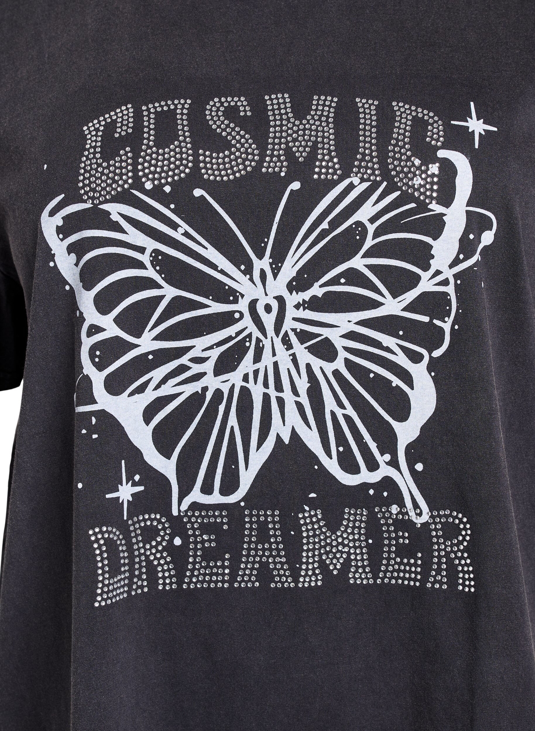 Zizzi T-Shirt aus Bio-Baumwolle mit Strass und Schmetterlingsmotiv, Grau, Packshot image number 2
