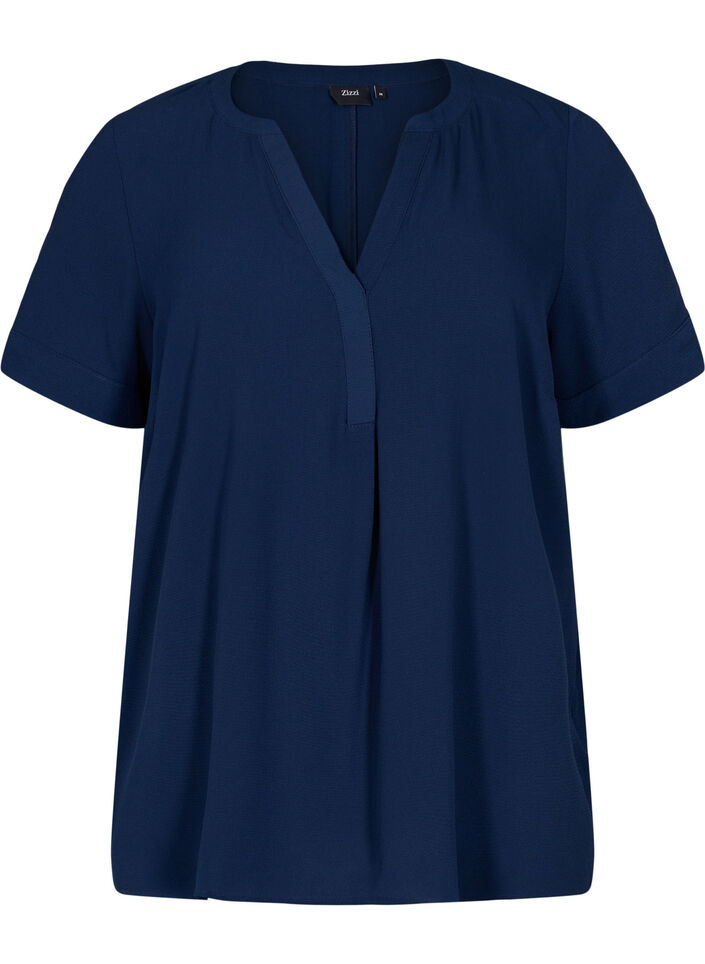 Kurzärmelige Bluse mit V-Ausschnitt, Blau, Packshot image number 0