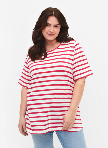 Gestreiftes T-Shirt aus Baumwolle, Bright Rose Stripes, Model image number 0