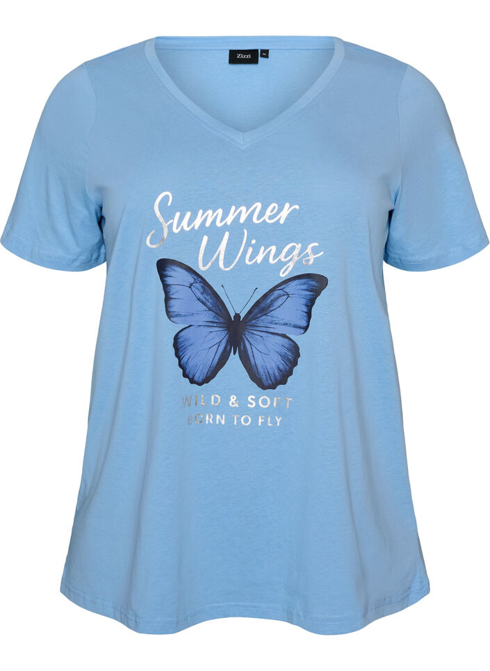 T-Shirt aus Baumwolle mit Frontprint und V-Ausschnitt, 0698, Packshot image number 0