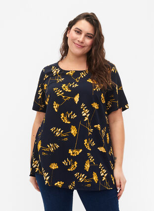 FLASH – Kurzärmelige Bluse mit Print, Night Sky Yellow AOP, Model image number 0