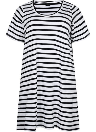 Gestreiftes Jerseykleid mit kurzen Ärmeln, Black Stripes, Packshot image number 0