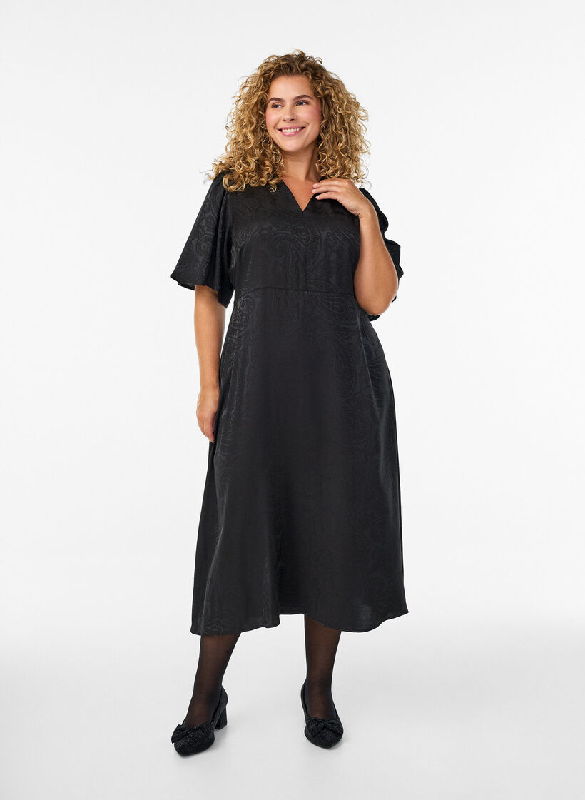 Midikleid aus Jacquard mit Paisleymuster und Fl&uuml;gel&auml;rmeln, Schwarz, Model image number 0