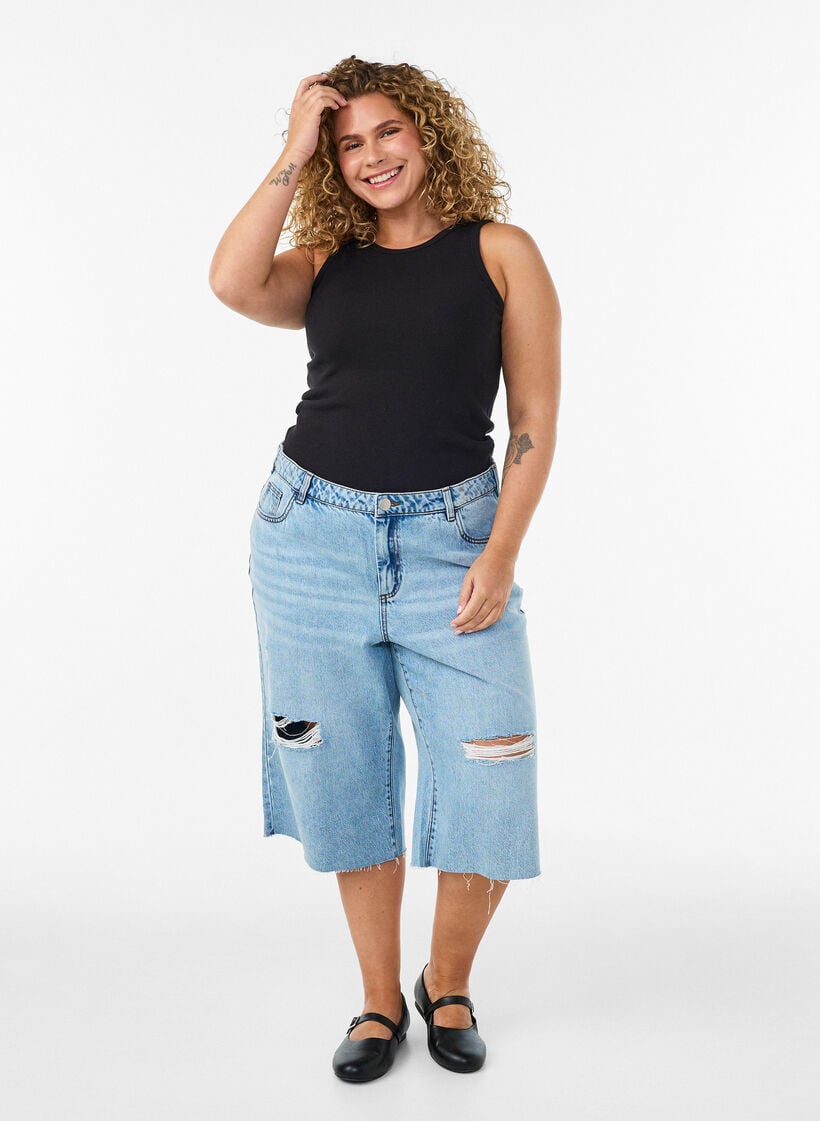 Ripptop aus Baumwolle mit hohem Kragen, Schwarz, Model image number 1