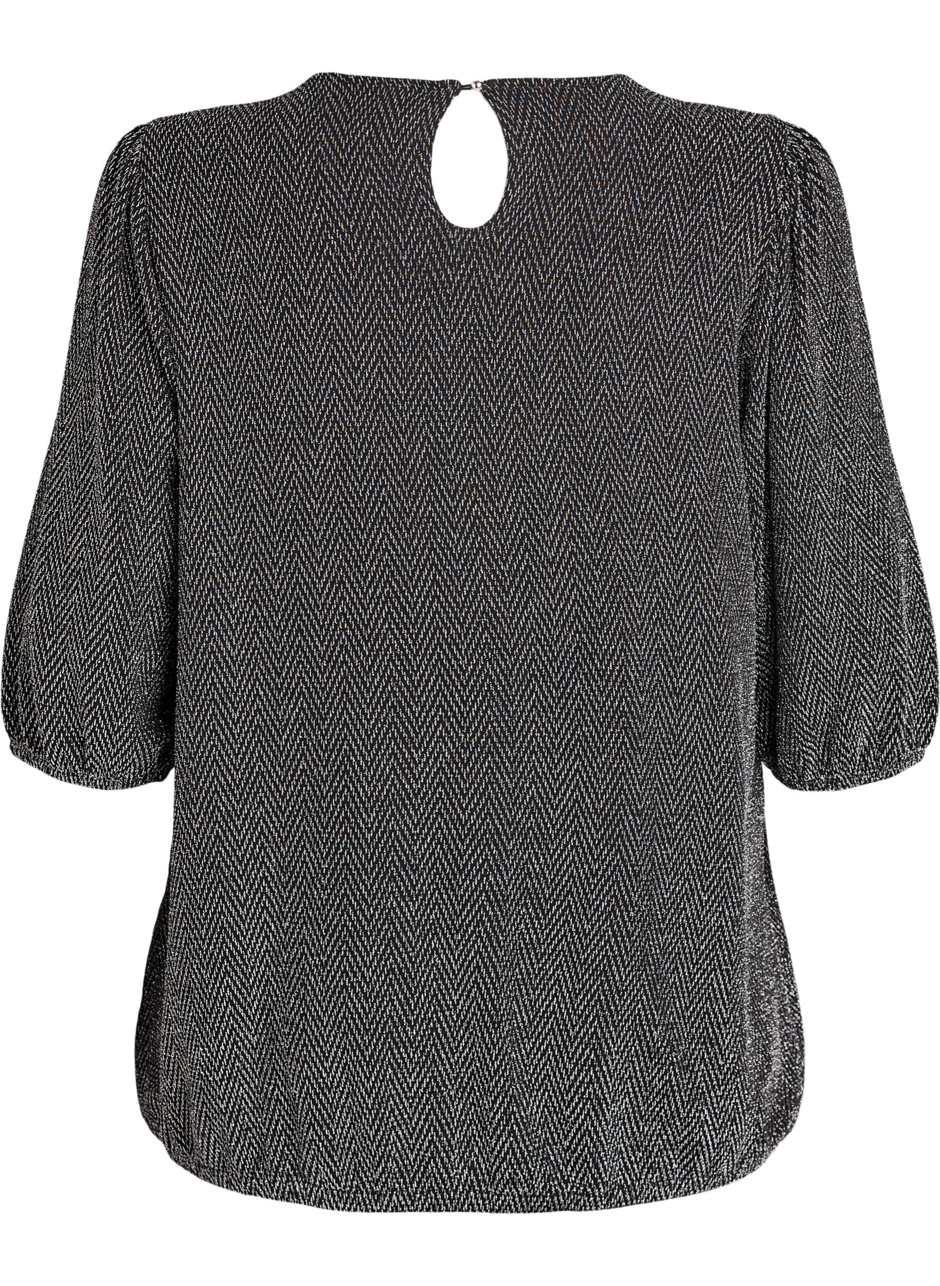Zizzi Bluse mit Glitzermuster und 3/4-&Auml;rmeln, Schwarz, Packshot image number 1