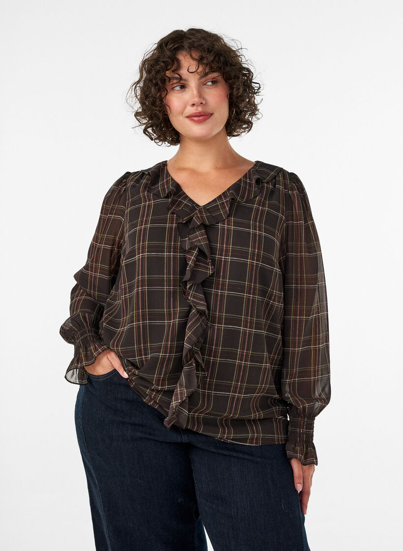 Bluse mit Karomuster und R&uuml;schendetails, Gr&uuml;n, Model image number 0