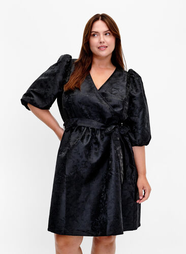 Kurzes Wrap-Kleid mit 3/4-Ärmeln, Black, Model image number 0