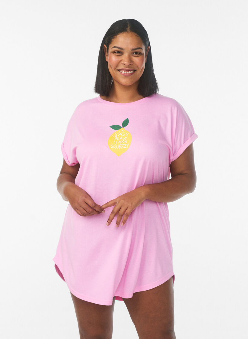 Kurz&auml;rmliges Nachthemd mit Textdruck, Pink, Model image number 0
