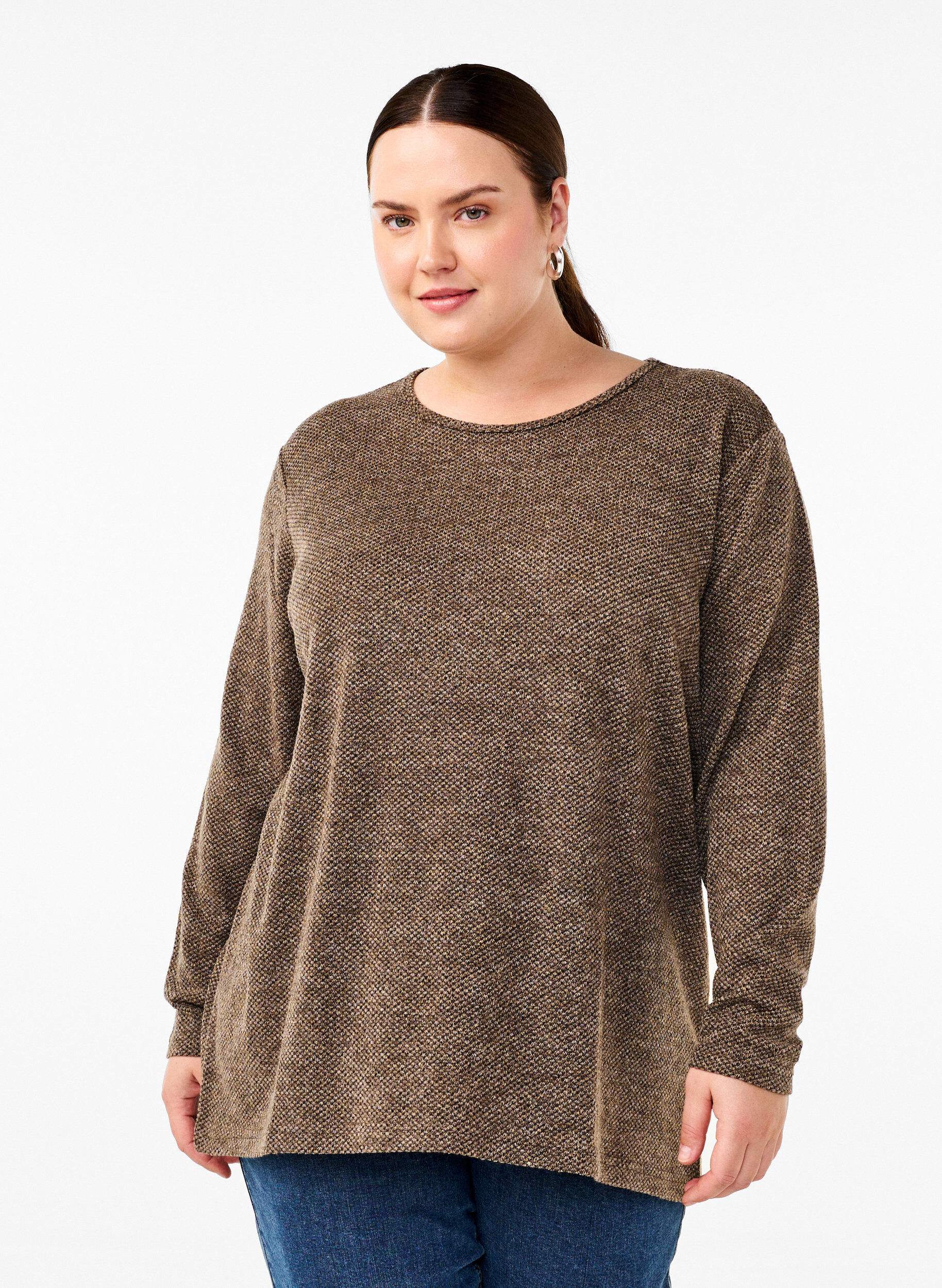Zizzi Melange Bluse mit rund um den Neck und langen &Auml;rmel, Caribou, Model image number 0