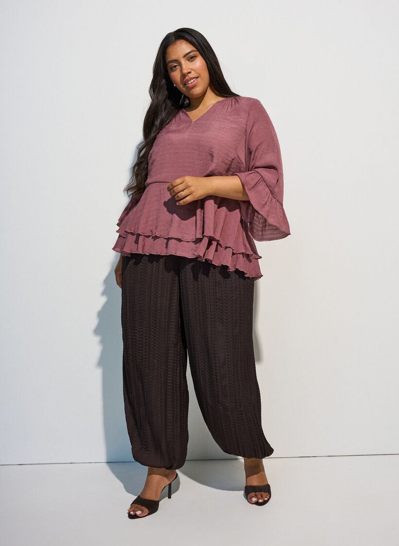 Bluse mit 3/4-&Auml;rmeln und R&uuml;schendetails, Rot, Model image number 1