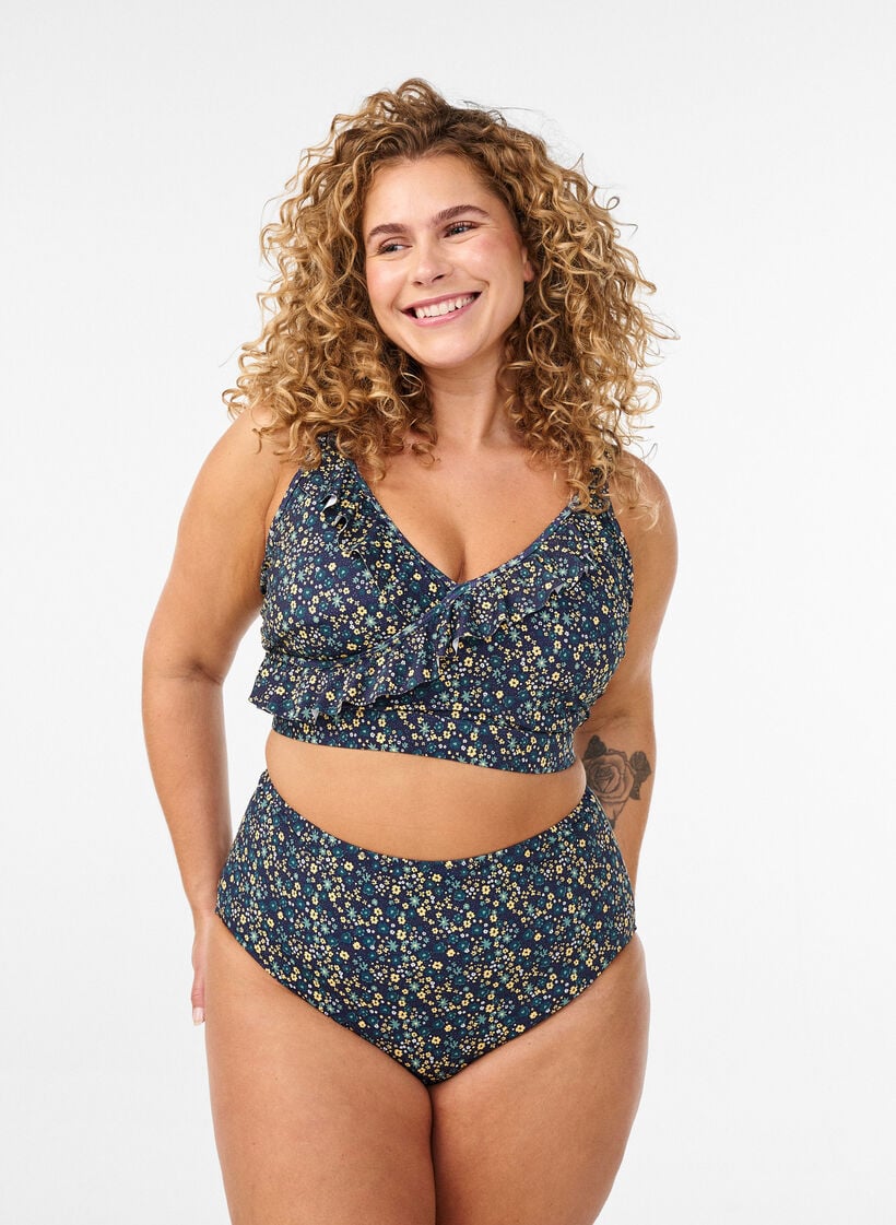 Bikini-Slip mit Print und hoher Taille, Gr&uuml;n, Model image number 0