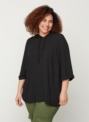 Bluse mit Kapuze und 3/4-Ärmeln, Black, Model image number 0