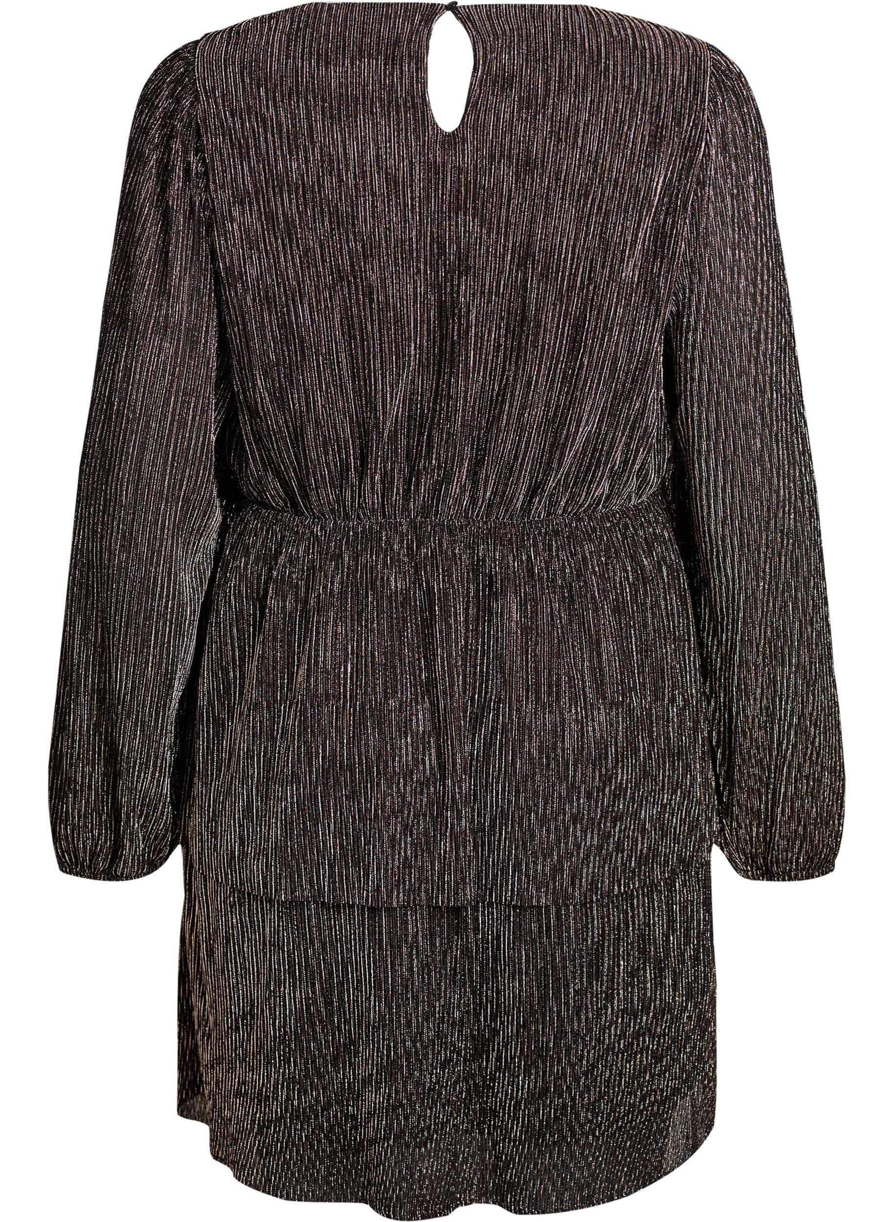 Zizzi Kurzes Kleid mit Glitzerstreifen und langen &Auml;rmeln, Schwarz, Packshot image number 1