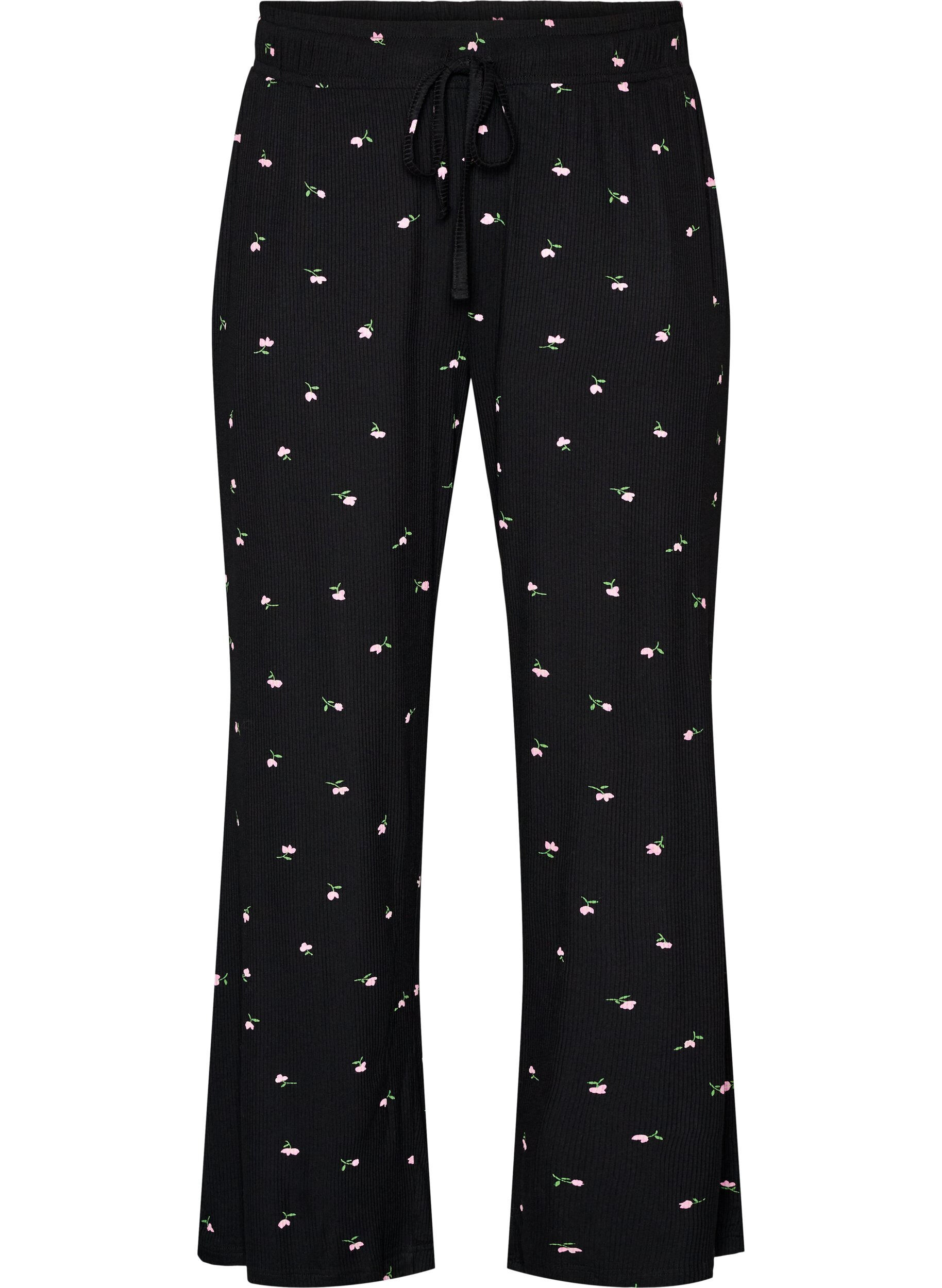 Pyjamahose mit Rippstruktur und gebl&uuml;mtem Print
