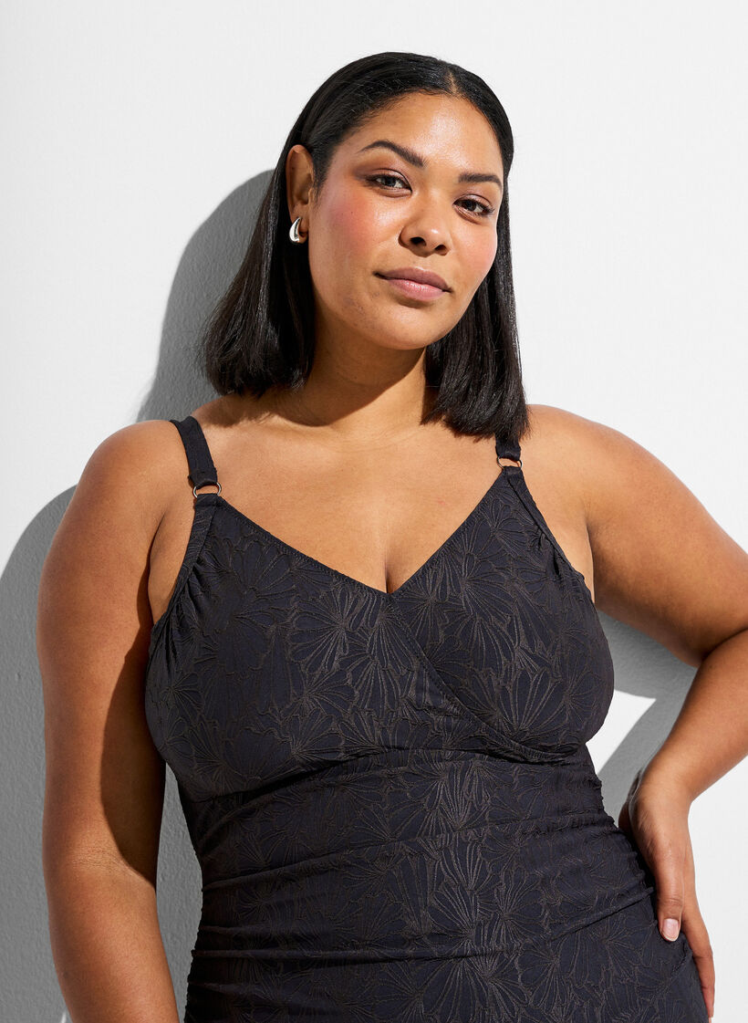 Badeanzug mit Wickeldetail und gebl&uuml;mter Ton-in-Ton-Textur, Grau, Model image number 2