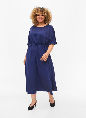 Kurzarm Midi-Kleid mit justierbarer Taille, Evening Blue, Model image number 0