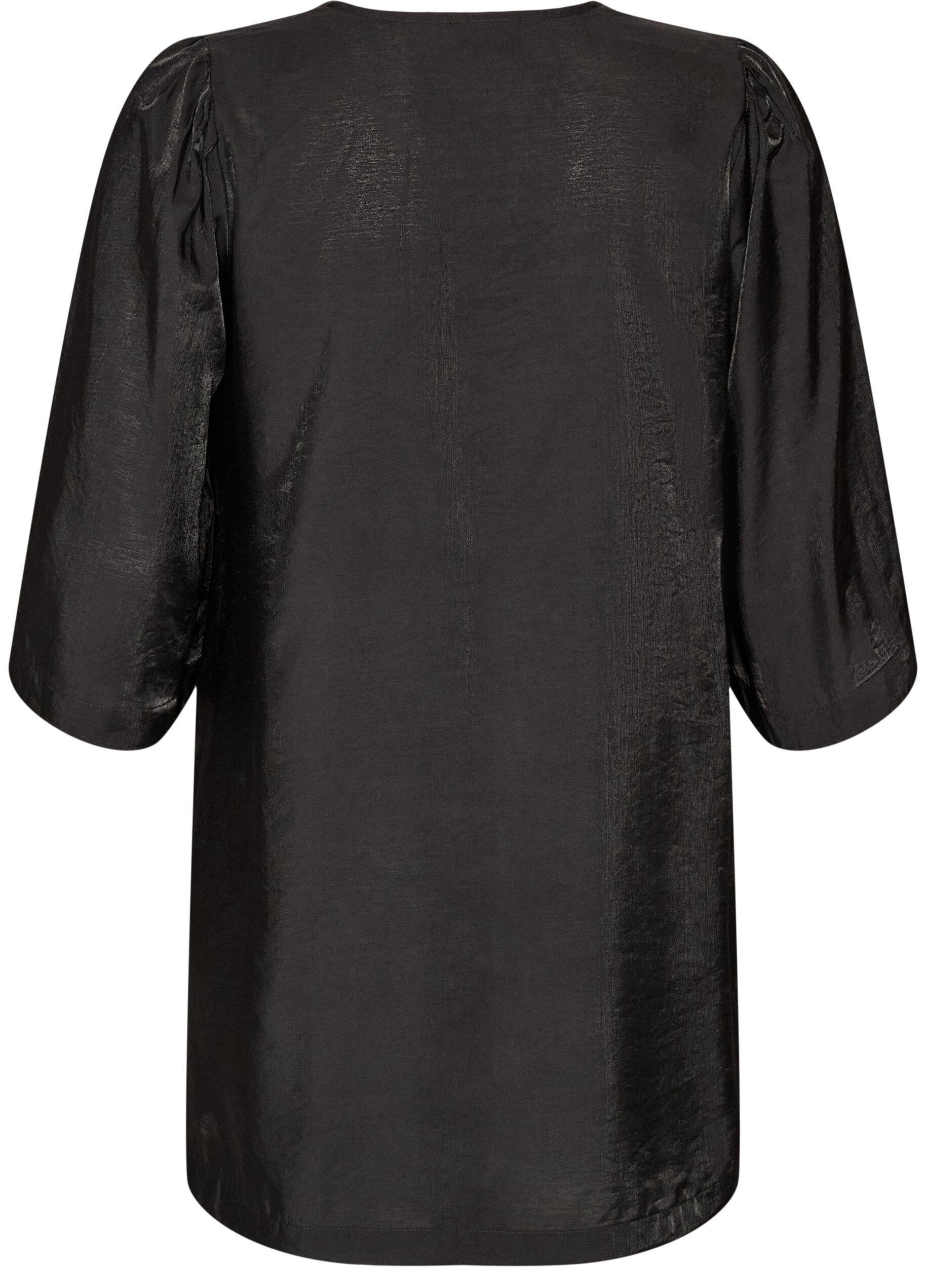 ZizziGl&auml;nzende Tunika mit V-Ausschnitt und 3/4-&Auml;rmeln, Schwarz, Packshot image number 1