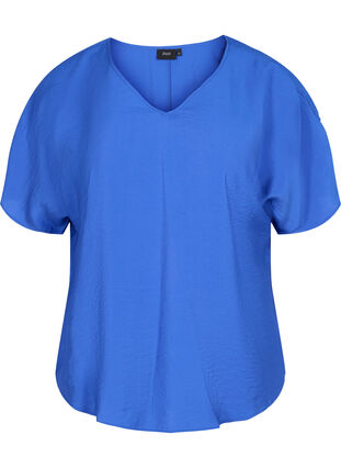 Viskose Bluse mit kurzen Ärmeln und V-Ausschnitt, Dazzling Blue, Packshot image number 0