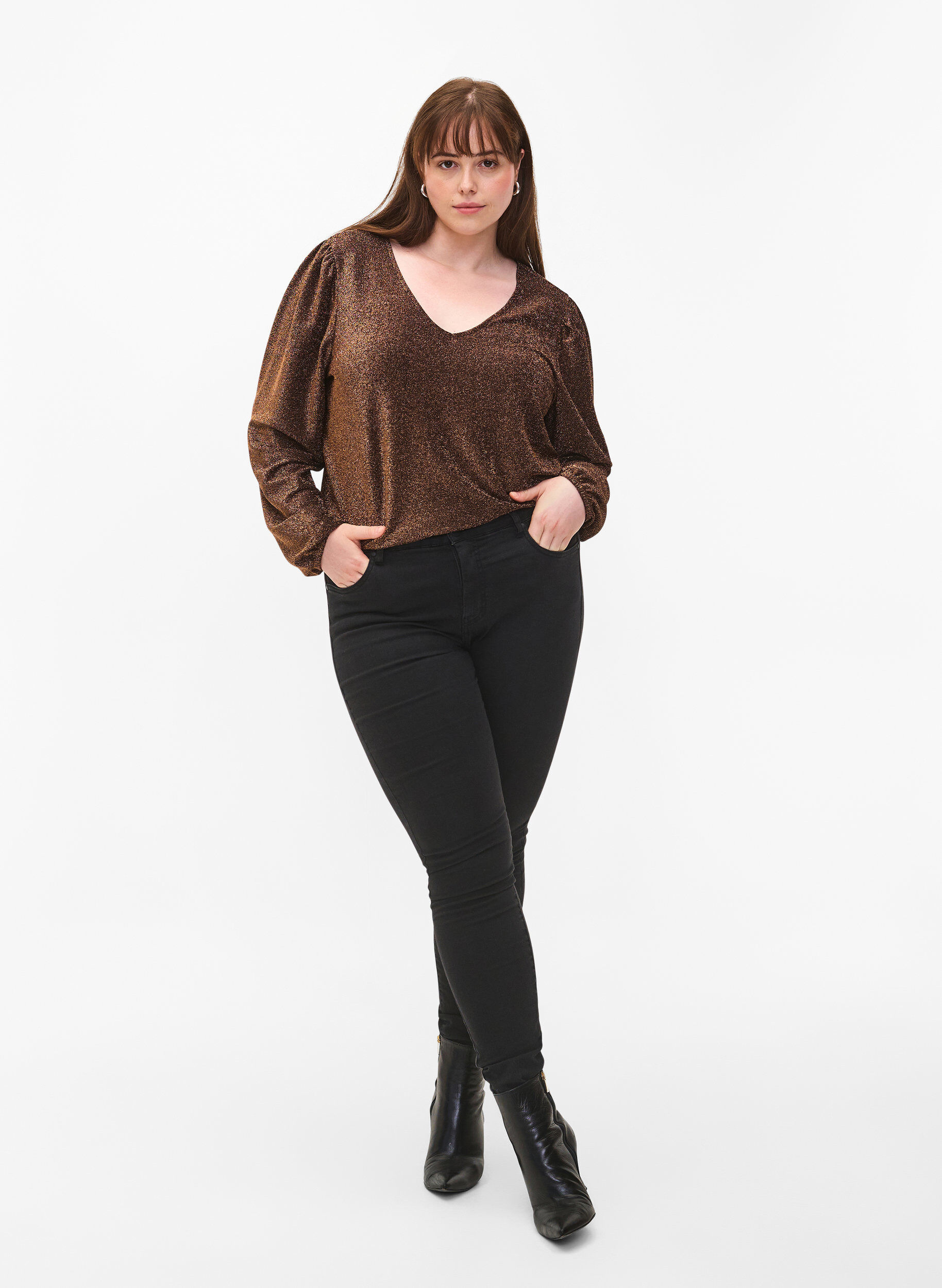 Zizzi  Glitzerbluse mit Puff&auml;rmeln, Black Copper, Model image number 2
