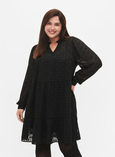 Jacquard-Kleid mit Rüschenkragen, Black, Model image number 0