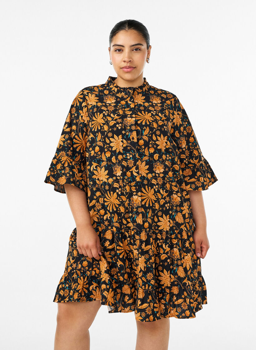 Gebl&uuml;mtes Kleid aus Baumwolle mit R&uuml;schendetails und lockerer A-Linien-Form, Orange, Model image number 0