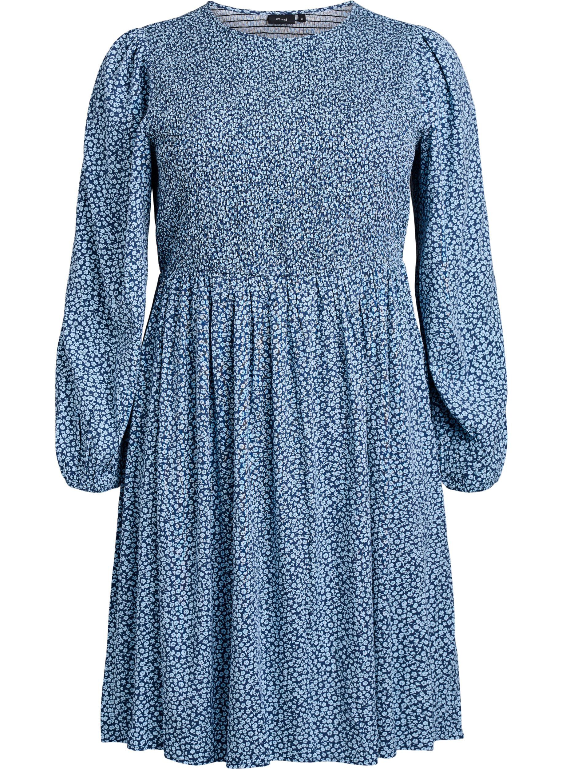 Kleid mit gesmoktem Oberteil und kleingebl&uuml;mtem Muster