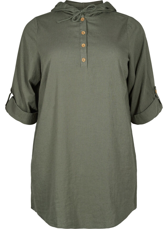 Tunika mit Kapuze aus Baumwolle und Leinen, Thyme, Packshot image number 0