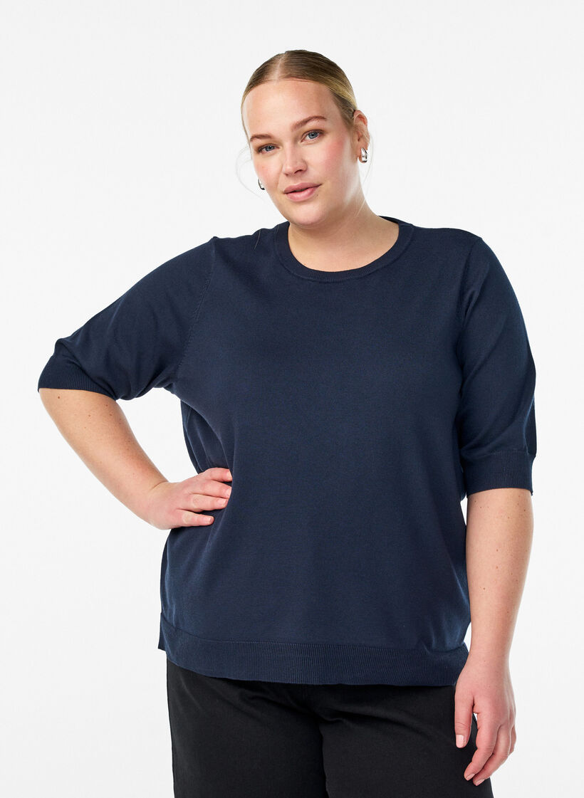 Fein gestrickte Bluse mit kurzen &Auml;rmeln, Blau, Model image number 0