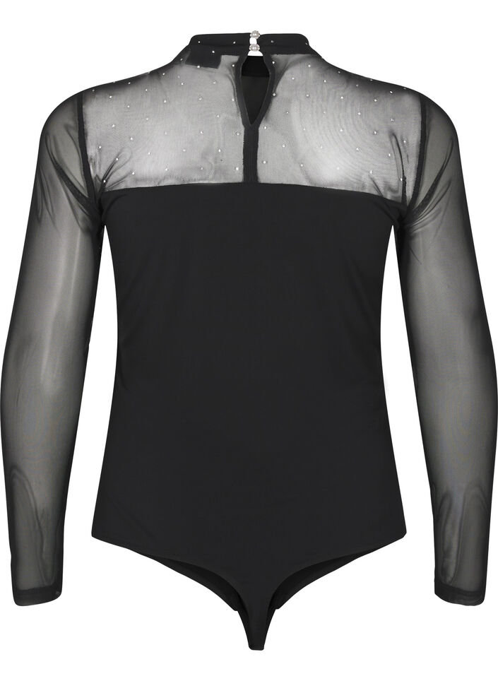 Body mit Nieten und langen Mesh-Ärmeln, Black, Packshot image number 1