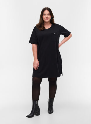 Langes T-Shirt aus Baumwolle mit Nieten, Black, Model image number 2