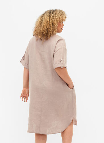Kurzärmeliges Kleid aus 100% Leinen, Sand, Model image number 1