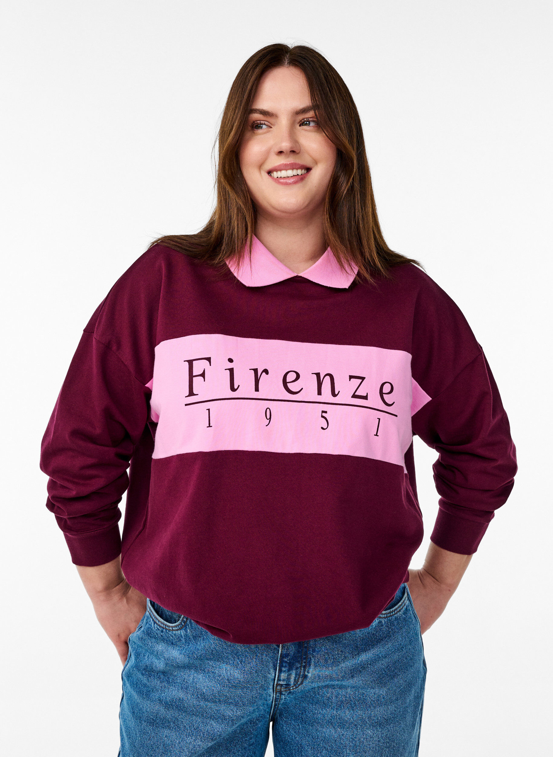 Zizzi Sweatshirt aus Bio-Baumwolle mit Kragen und Kontrastprint, Dunkles Bordeaux, Model image number 0