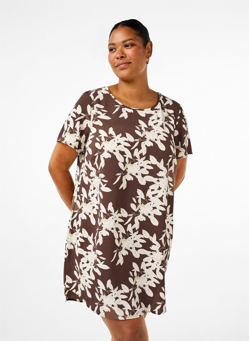 Kleid mit Aufdruck und kurzen Ärmeln, Braun, Model image number 0