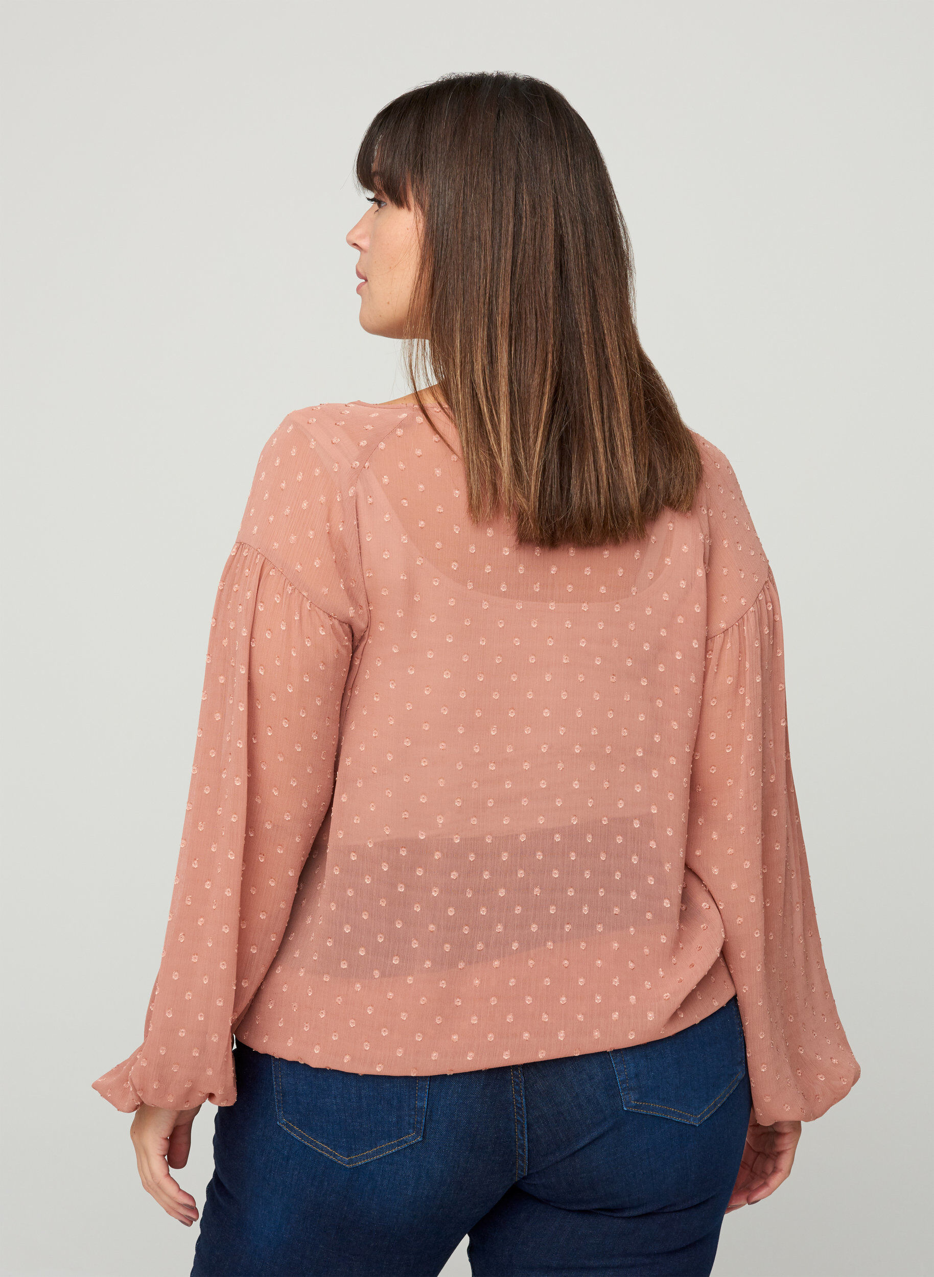 Zizzi Gesmockte Langarm Bluse mit Mesh, Burlwood, Model image number 1