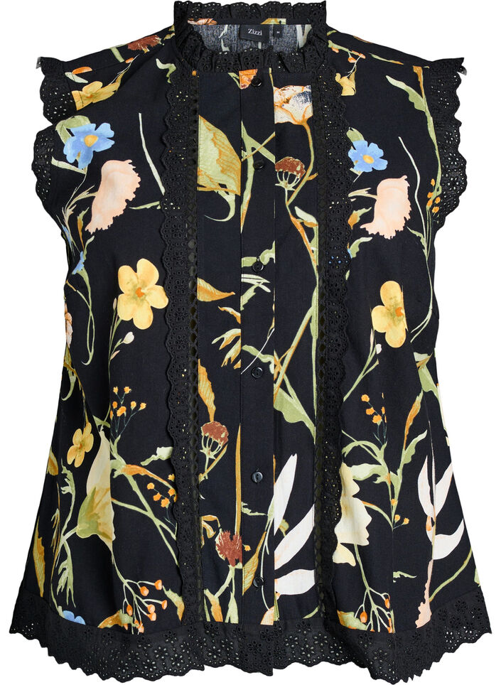 &Auml;rmellose Bluse aus Baumwolle mit Blumenprint und Broderie Anglaise, Schwarz, Packshot image number 0