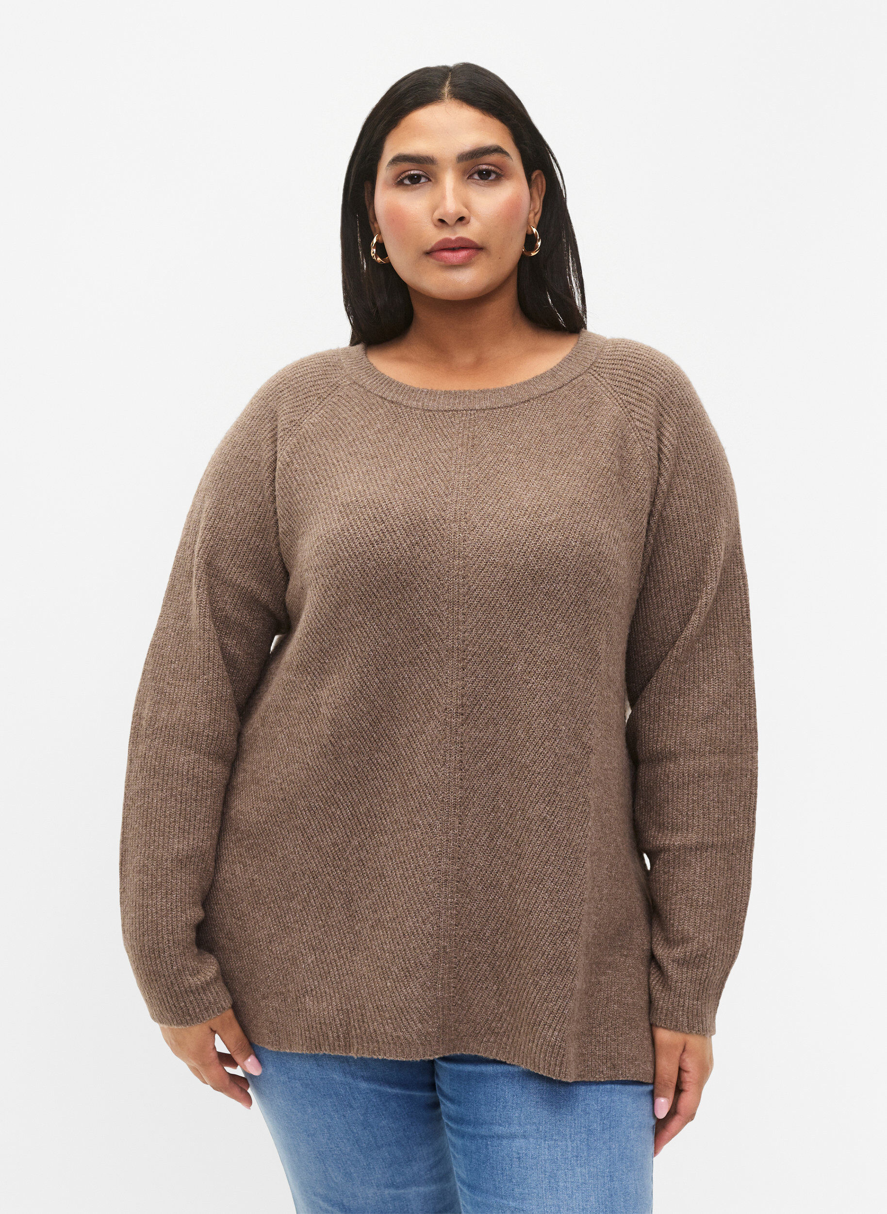 Zizzi Melange-Pullover mit Seitenschlitz, Walnut/White Mel., Model image number 0