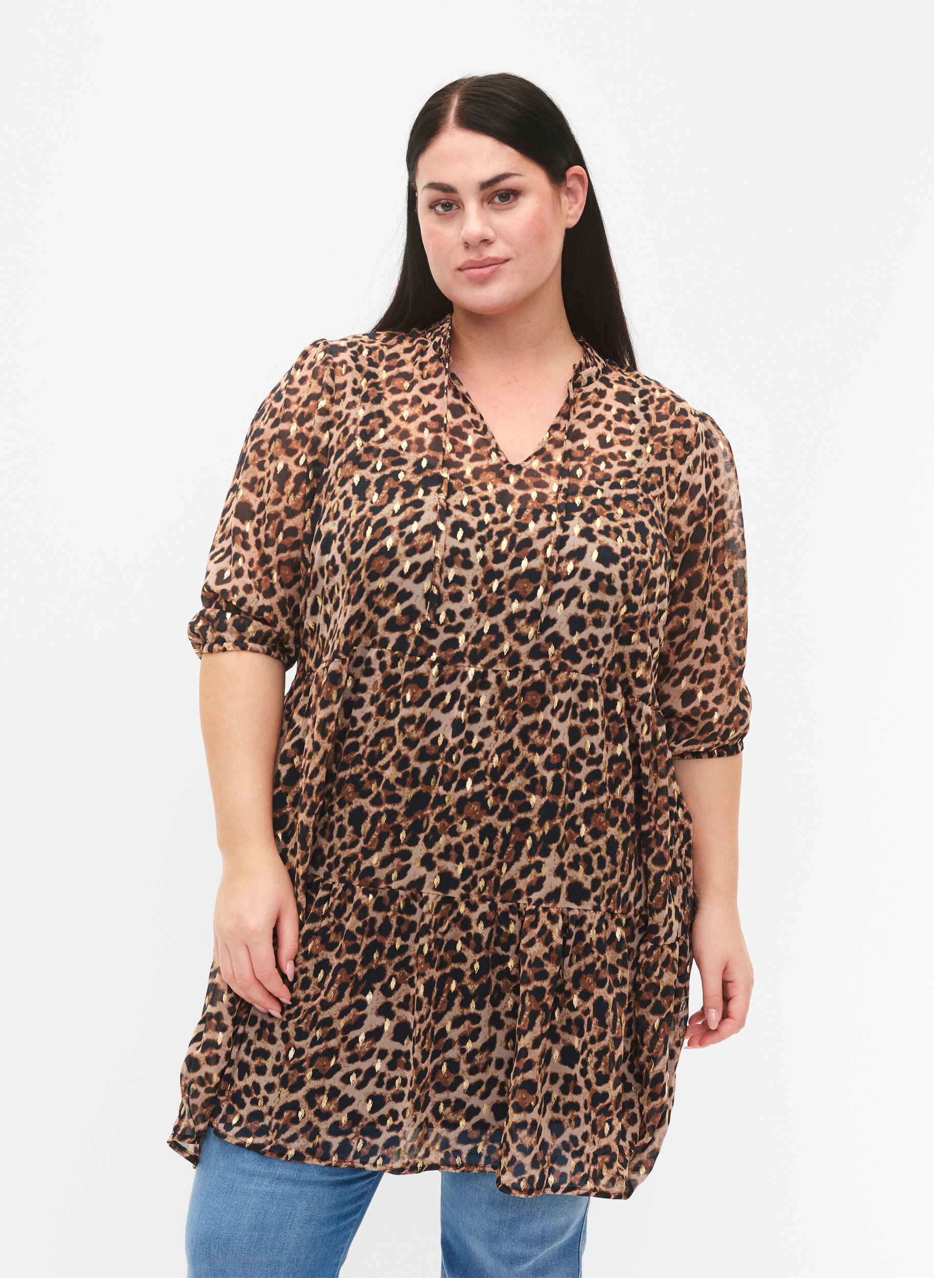 Zizzi Tunika mit Leodruck und Lurex, Leopard AOP, Model image number 0