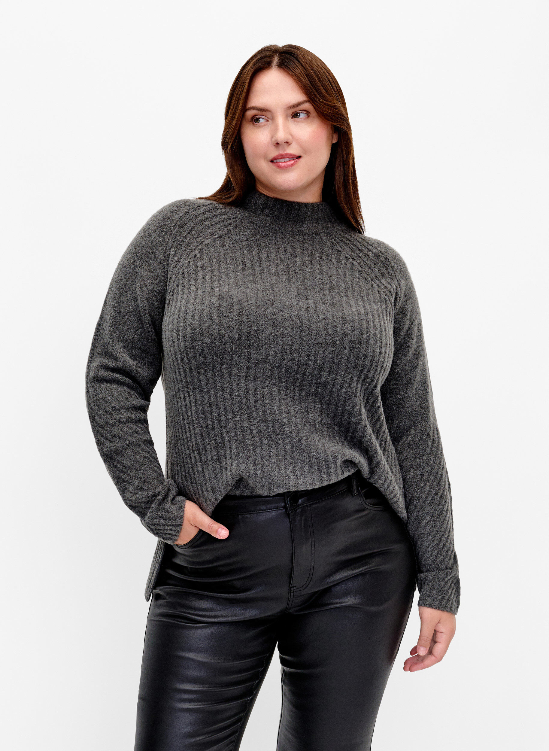 Zizzi Rollkragenpullover mit Rippstruktur, Dark Grey Melange, Model image number 0