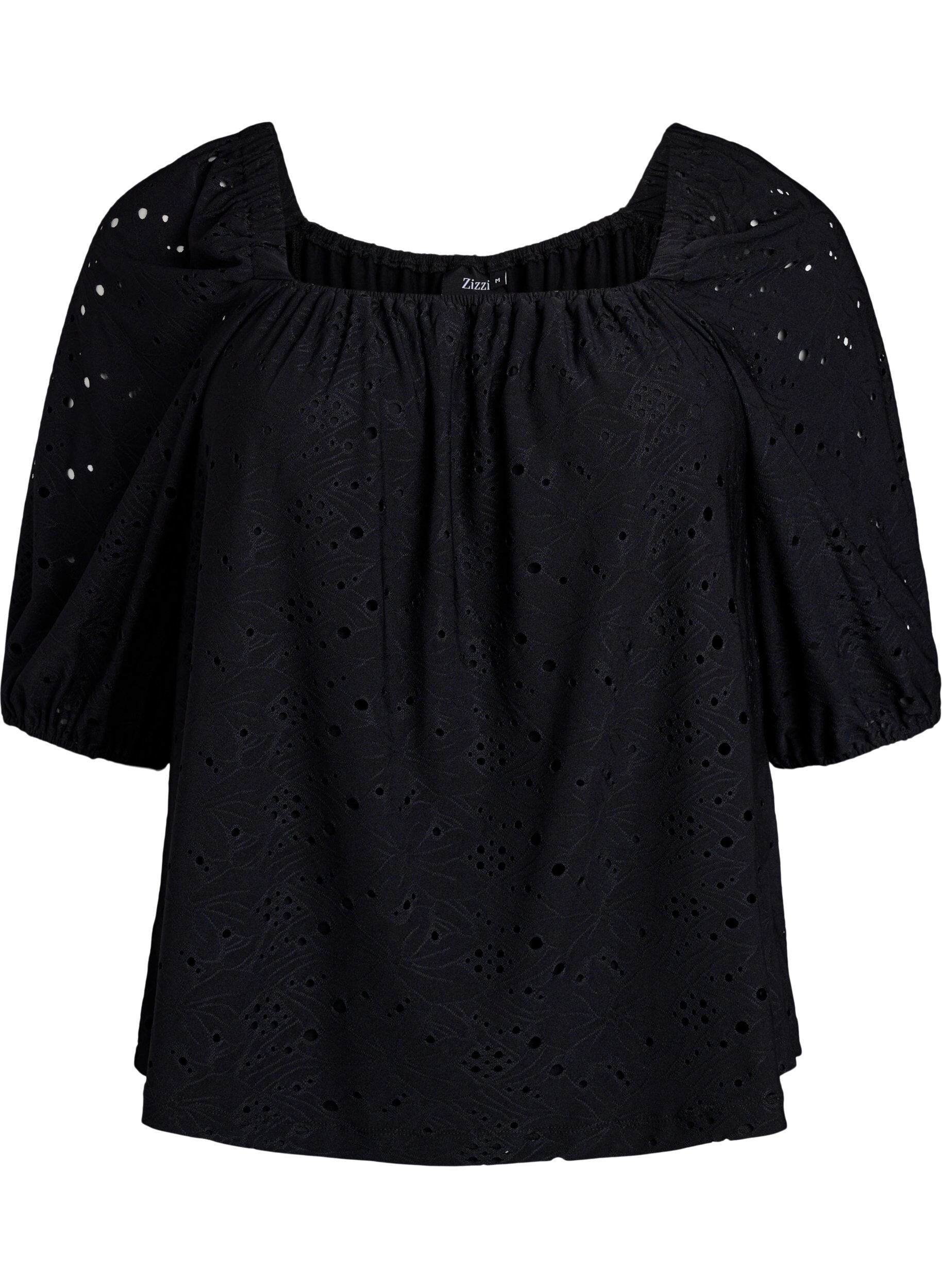 Zizzi Bluse mit kurzen Puff&auml;rmeln und Lochmuster, Schwarz, Packshot image number 0