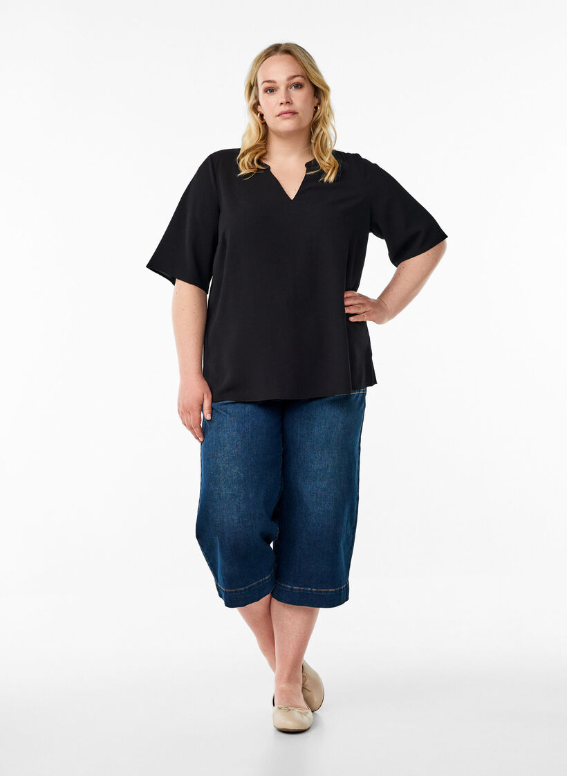 Kurzärmlige Bluse mit V-Ausschnitt, Schwarz, Model image number 1