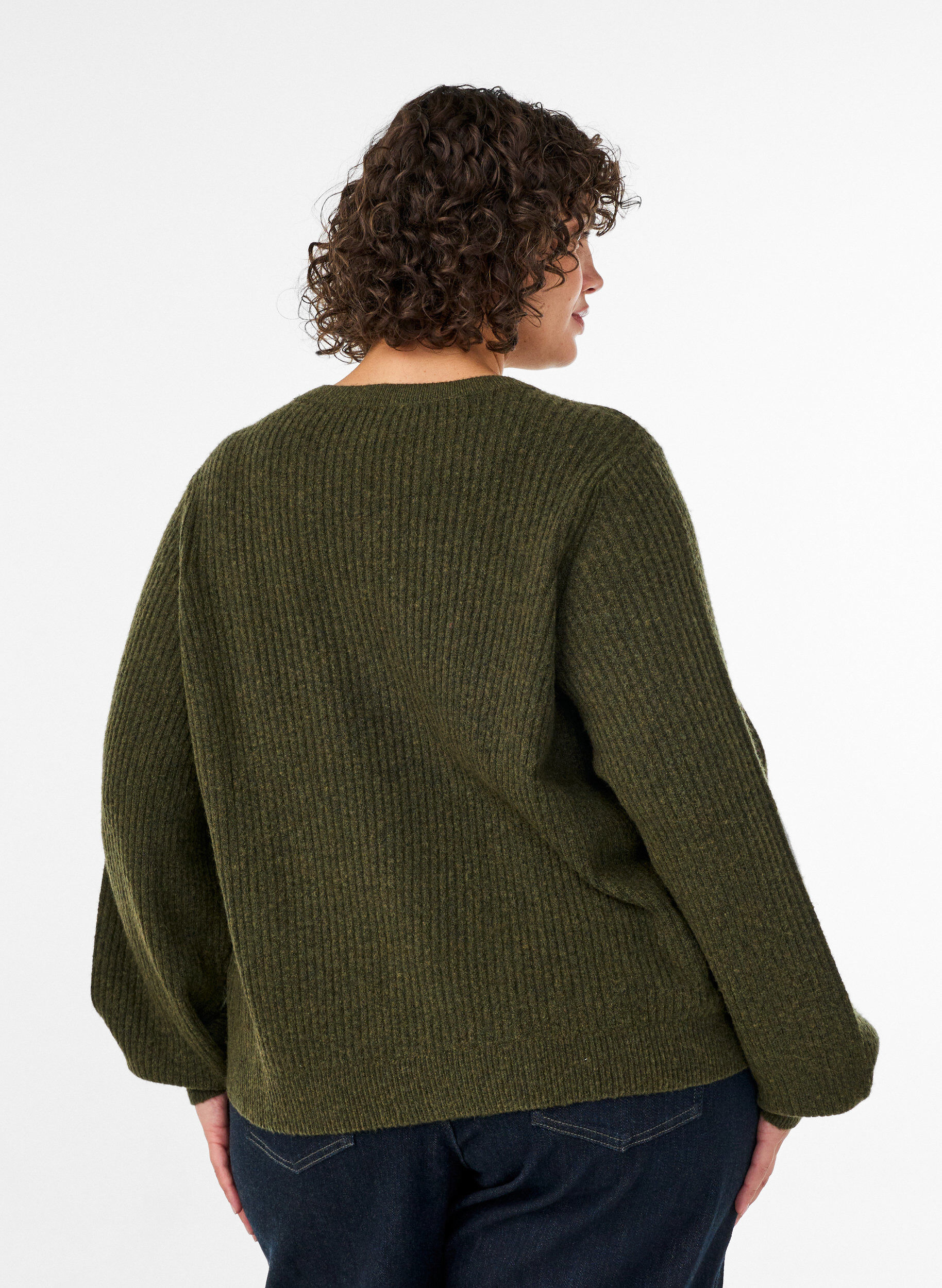 ZizziGerippter Pullover mit Ballon&auml;rmeln, Gr&uuml;n, Model image number 2