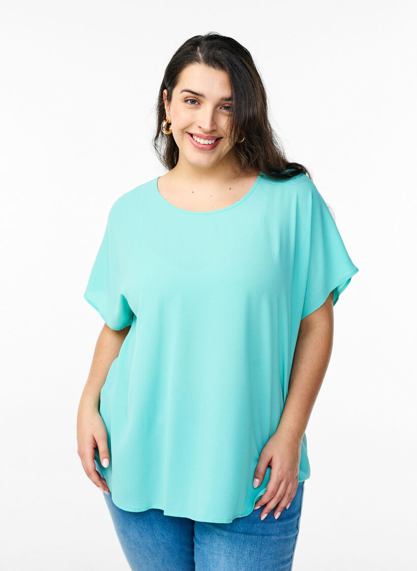 Bluse mit kurzen &Auml;rmeln und einem Rundhalsausschnitt, Blau, Model image number 0