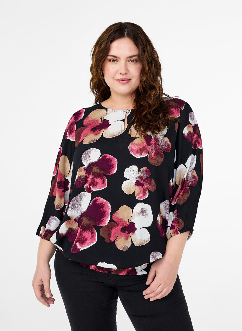 Bluse aus Viskose mit Blumenmuster und Smok, Black Pink FlowerAOP, Model image number 0
