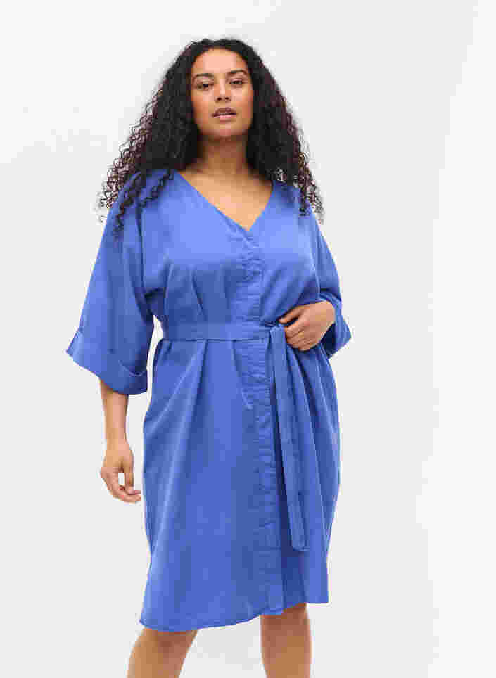 Kleid mit 3/4-Ärmeln und Bindeband, Dazzling Blue, Model image number 0