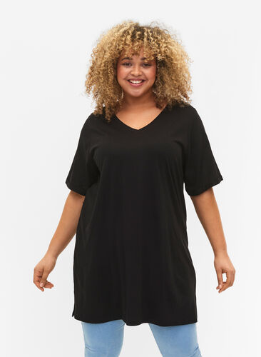 Einfarbiges Oversize T-Shirt mit V-Ausschnitt, Black, Model image number 0